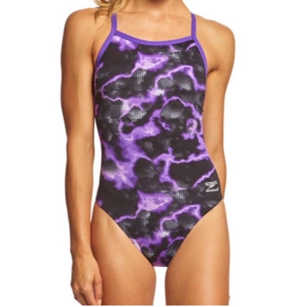 NWT Speedo Endurance Racing One Piece Strappy Black Purple Swim Suit US 14 UK 40